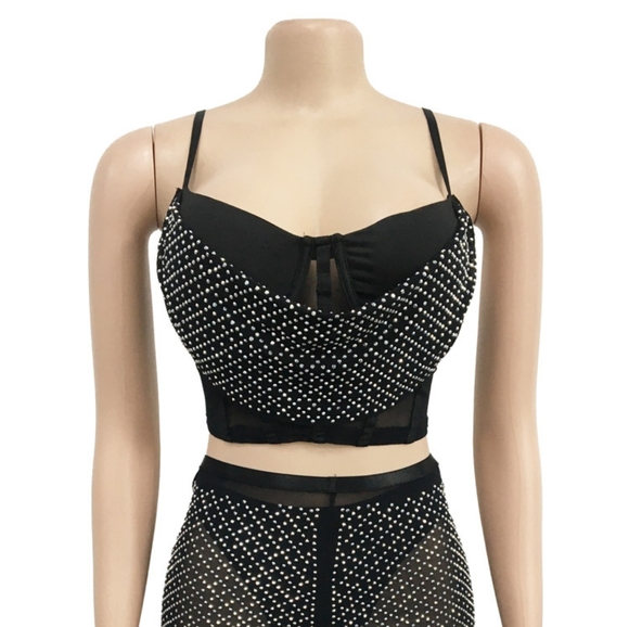 Rhinestones Mesh 2 pieces set outfit new strech material. Apricot color. - Picture 5 of 8